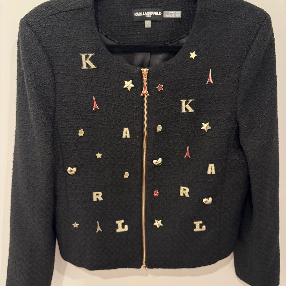 Karl Lagerfeld Paris Black Tweed Charm Zip Blazer – NWOT size 6